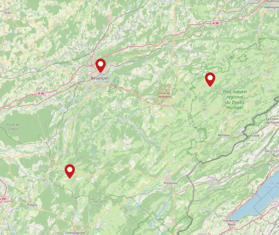 Nos trois implantations dans le Jura et le Doubs : Salins-les-Bains, Besançon et Pierrefontaine-les-Varans
